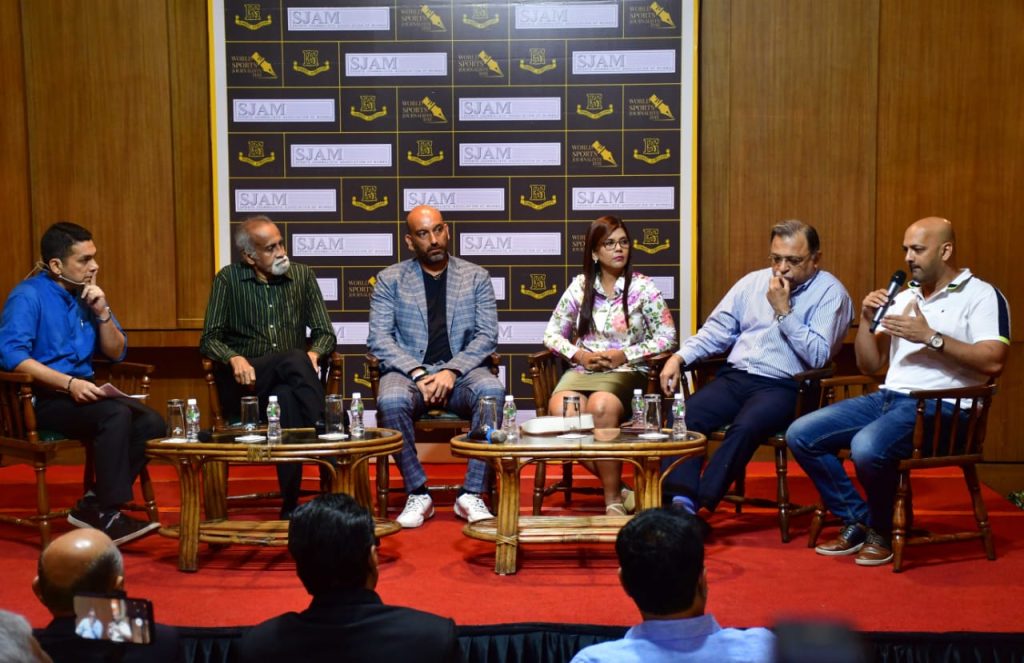 SJAM panel discussion around the Paris Olympics. (From left): Prasanna Sant, Leroy D'Sa, Purav Raja, Suma Shirur, Adille Sumariwalla and Viren Rasquinha