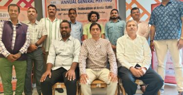 Newly-elected President, Saraju Chakraborty (sitting, centre) pose with Hony. Secretary, V. Ramesh (sitting, left) and Sanjay Gharpure (sitting, right) along with other members of the Executive Committee in Bhubaneswar on Sunday. (Picture: SJFI).