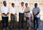 Former India cricket captain and chief selector, K. Srikkanth (2nd from right) congratulates Viswanathan Anand after presenting the SJFI Gold Medal at a glittering function in Chennai. Others in the picture are (from left) SJFI Secretary V. Ramesh, President Saraju Chakraborty and former hockey Olympian V. Baskaran (right). (Picture: SJFI)